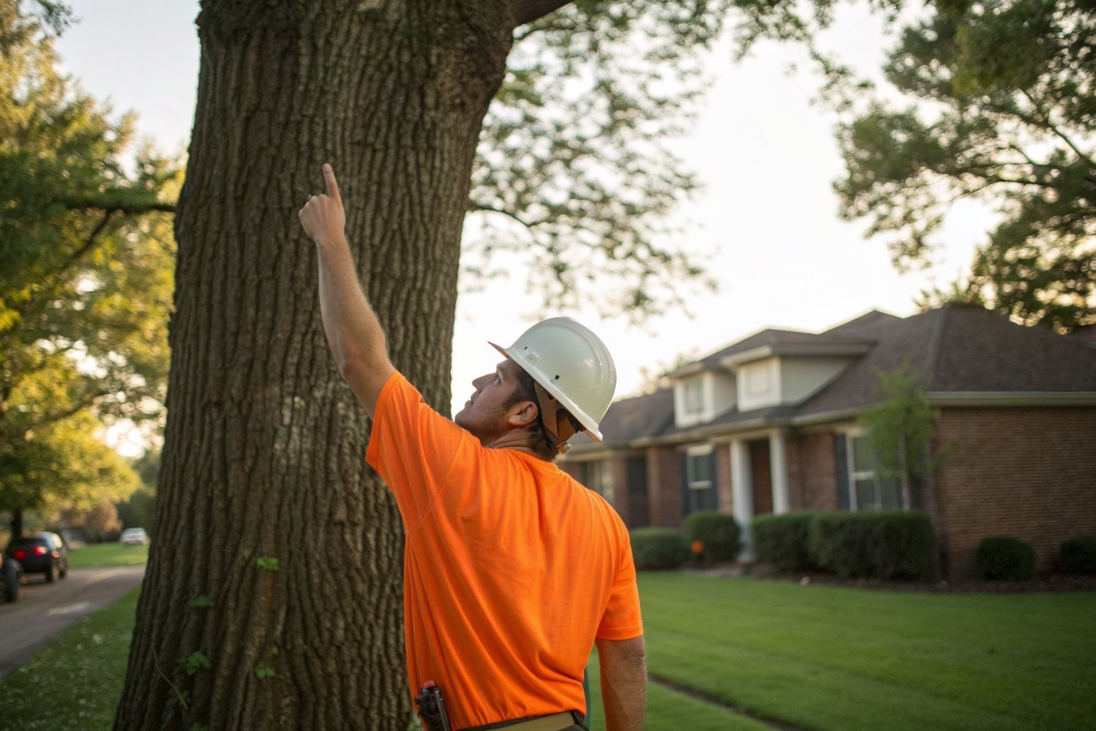 A worker looking up into a mature tree to assess it before a removal