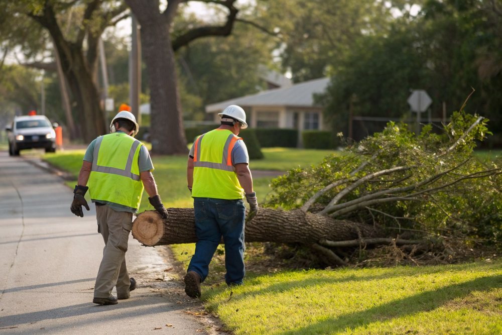 Workers hauling cut brush and limbs toward a truck