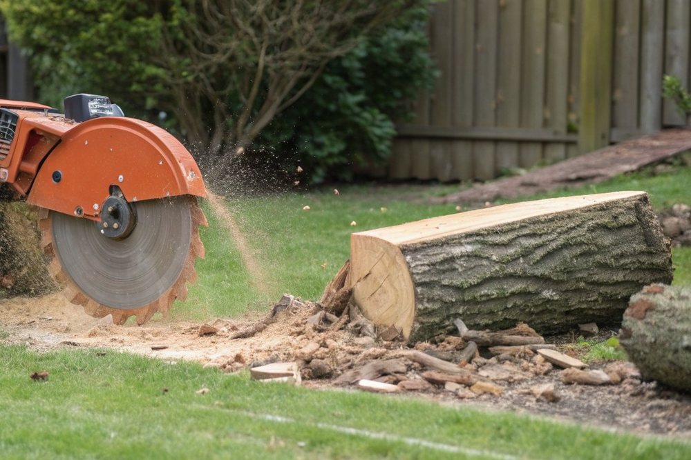 A stump grinder cutting into a stump in a lawn, wood chips flying